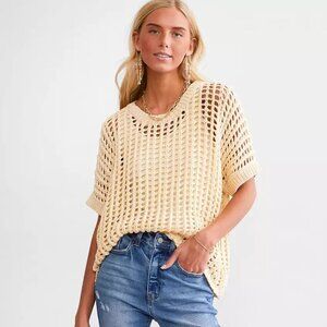 HYFVE Open Stitch Boxy Sweater Beige Crochet Knit Pullover Sweater Top Women's S